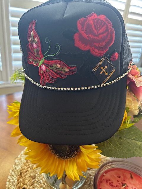 Rose and Butterfly OTTO Hat Black with Chain