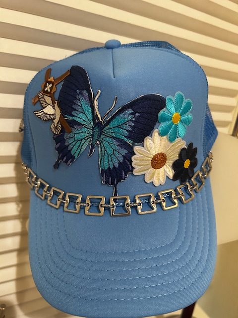 Blue OTTO Hat with Butterfly and Flowers