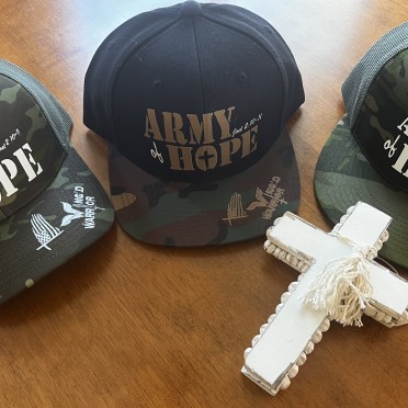 ARMY OF HOPE Black Trucker Hat Green Camo Flat Bill With Tan Writing