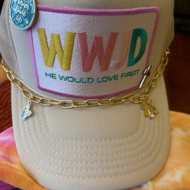 WWJD Patch Trucker Hat with Pins and Chain with 2 Charms